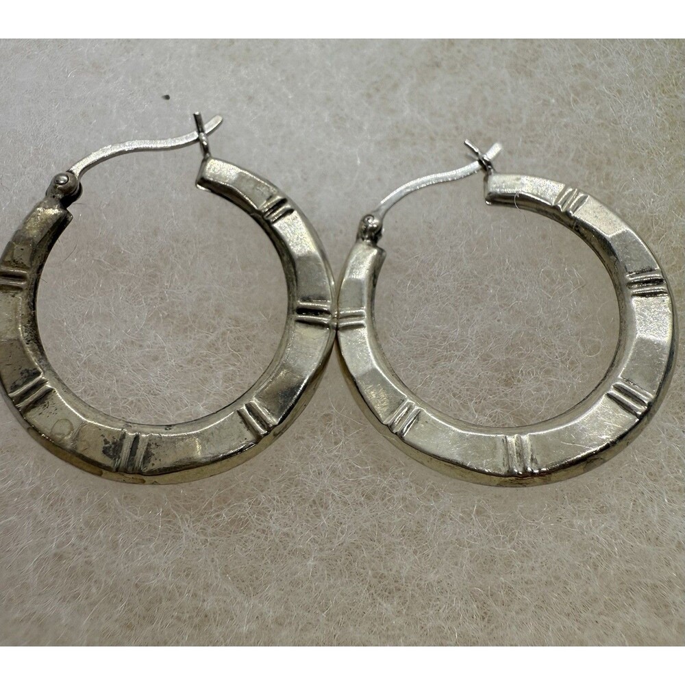 Earring Vintage Textured Rhodium Finish Sterling Silver 925 Hoop Lever Back 2g‎